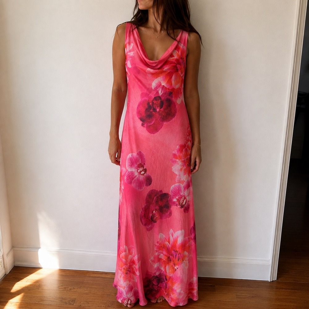 Paper Heart Pink Orchid Floral Cowl Neck Maxi Dress Small Romantic Resort Fairy